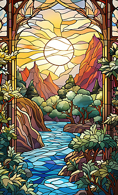 JPG 나무 구름 편집이미지 예술 잎 풍경 사람없음 컬러풀 태양 계곡 분위기 스테인드글라스 산맥 편집실사 AI일러스트 AI콘텐츠 자연요소 식물 컬러 컨셉 유리 산 CG 파일형식