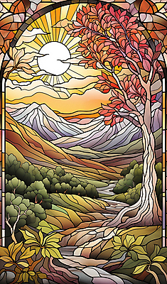 JPG 나무 구름 편집이미지 예술 잎 풍경 사람없음 컬러풀 태양 분위기 스테인드글라스 산맥 편집실사 AI일러스트 AI콘텐츠 자연요소 식물 컬러 컨셉 유리 산 CG 파일형식