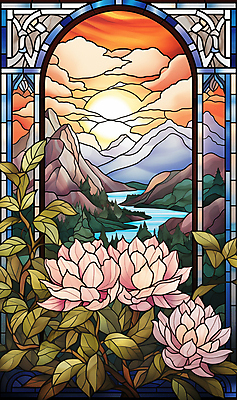 JPG 나무 구름 편집이미지 꽃 호수 예술 잎 풍경 사람없음 컬러풀 태양 분위기 스테인드글라스 산맥 편집실사 AI일러스트 AI콘텐츠 자연요소 식물 컬러 컨셉 유리 산 CG 파일형식