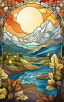 JPG 나무 구름 편집이미지 예술 잎 풍경 사람없음 컬러풀 태양 계곡 분위기 스테인드글라스 산맥 편집실사 AI일러스트 AI콘텐츠 자연요소 식물 컬러 컨셉 유리 산 CG 파일형식