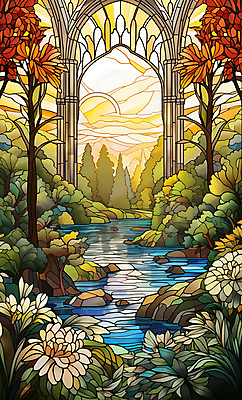 JPG 나무 구름 편집이미지 꽃 호수 예술 잎 풍경 사람없음 컬러풀 태양 기둥 분위기 스테인드글라스 편집실사 AI일러스트 AI콘텐츠 자연요소 식물 건축 컬러 컨셉 유리 CG 파일형식