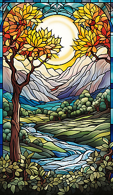 JPG 나무 구름 편집이미지 예술 잎 풍경 사람없음 컬러풀 태양 계곡 분위기 스테인드글라스 산맥 편집실사 AI일러스트 AI콘텐츠 자연요소 식물 컬러 컨셉 유리 산 CG 파일형식