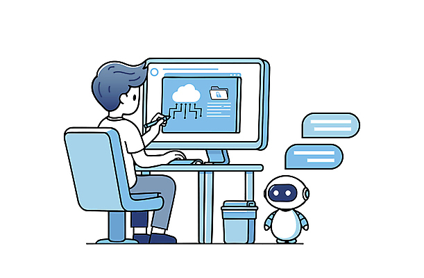 남자 말풍선 의자 일러스트 기술 대화 한명 들기 앉기 성인 파란색 펜 디지털 모니터 로봇 책상 성인남자한명만 AI_인공지능 국내일러스트 AI파일 1 컬러 가구 모션 말하기 사람 컴퓨터 필기구 남자한명만 성인남자만 파일형식 벡터