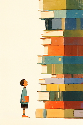 JPG 교육 남자 어린이 일러스트 한명 소년 책 컬러풀 독서 도전 상상력 창의력 책더미 소년한명만 국내일러스트 AI일러스트 AI콘텐츠 1 컬러 사람 무더기 남자한명만 소년만 파일형식