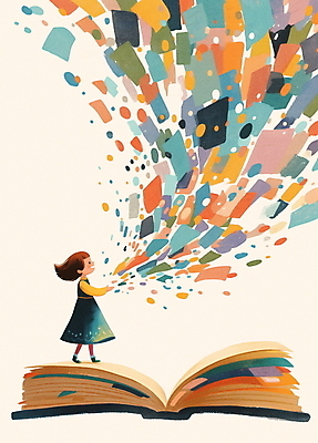 JPG 여자 교육 어린이 일러스트 한명 소녀 책 독서 손들기 즐거움 색종이 상상력 창의력 소녀한명만 국내일러스트 AI일러스트 AI콘텐츠 1 감정 종이 모션 사람 여자한명만 소녀만 파일형식