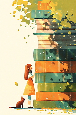 JPG 응시 여자 교육 어린이 일러스트 한명 소녀 책 독서 고양이 즐거움 상상력 창의력 책더미 소녀한명만 국내일러스트 AI일러스트 AI콘텐츠 1 시선 감정 포유류 사람 반려동물 무더기 여자한명만 소녀만 파일형식