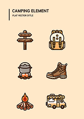 여행 일러스트 배낭 사람없음 캠핑 탐험 표지판 냄비 모닥불 등산화 백팩 캠핑카 국내일러스트 AI파일 신발 가방 자동차 불 레저 알림판 솥 등산용품 파일형식 벡터