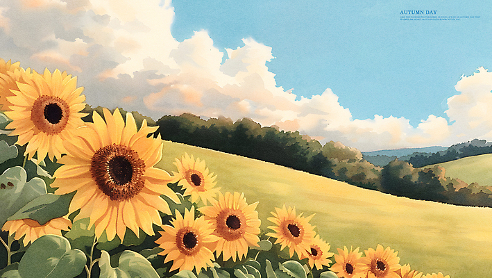 PSD 구름 일러스트 하늘 해바라기 풍경 초원 사람없음 평화 가을 시골 카피스페이스 국내일러스트 자연요소 계절 꽃 컨셉 공백 파일형식