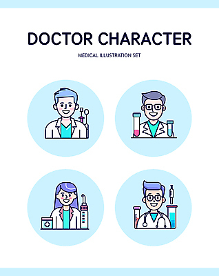 캐릭터 여자 남자 하늘색 일러스트 청진기 건강 미소 여러명 성인 약 의사 플라스크 엘리먼트 성인만 일러캐릭터 AI파일 다수 의학 의료기기 표정 실험기구 사람 파란색 의료진 파일형식 벡터
