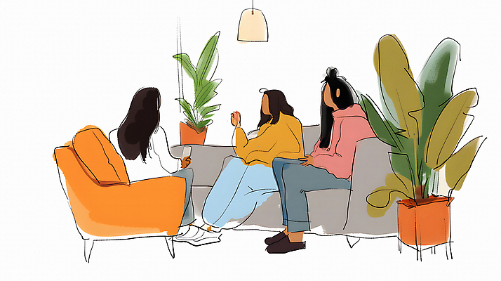 JPG 여자 일러스트 이야기 대화 들기 앉기 성인 세명 친구 소파 풀잎 만화 카툰스타일 성인여자만 국내일러스트 AI일러스트 AI콘텐츠 잎 의자 관계 모션 말하기 사람 풀_식물 여자만 성인만 파일형식