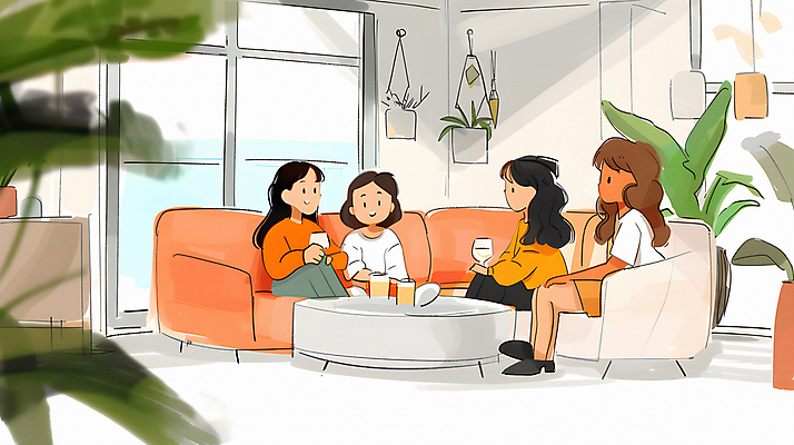 JPG 여자 와인잔 일러스트 탁자 이야기 대화 웃음 들기 앉기 여러명 성인 친구 소파 풀잎 만화 카툰스타일 성인여자만 국내일러스트 AI일러스트 AI콘텐츠 가구 다수 잎 술잔 의자 관계 모션 표정 말하기 사람 풀_식물 여자만 성인만 파일형식