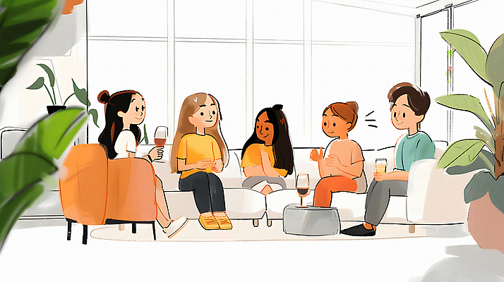 JPG 여자 와인잔 일러스트 탁자 이야기 대화 웃음 들기 앉기 여러명 성인 친구 소파 풀잎 만화 카툰스타일 성인여자만 국내일러스트 AI일러스트 AI콘텐츠 가구 다수 잎 술잔 의자 관계 모션 표정 말하기 사람 풀_식물 여자만 성인만 파일형식