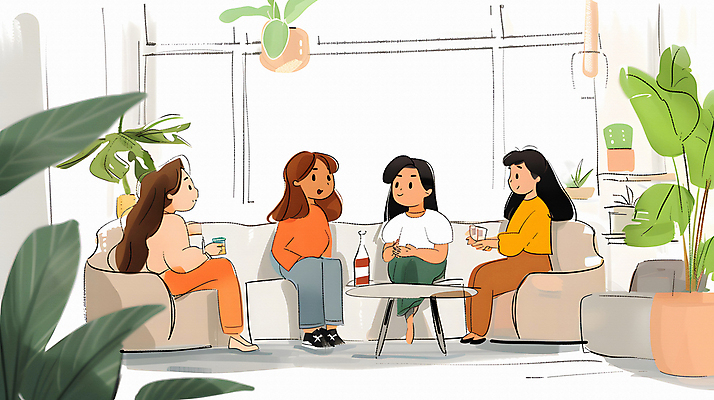 JPG 여자 일러스트 탁자 이야기 대화 웃음 들기 앉기 여러명 성인 친구 소파 주스 풀잎 만화 카툰스타일 성인여자만 국내일러스트 AI일러스트 AI콘텐츠 음료 가구 다수 잎 의자 관계 모션 표정 말하기 사람 풀_식물 여자만 성인만 파일형식