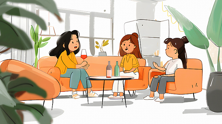 JPG 여자 와인잔 일러스트 탁자 이야기 대화 웃음 들기 앉기 성인 세명 친구 소파 풀잎 만화 와인병 카툰스타일 성인여자만 국내일러스트 AI일러스트 AI콘텐츠 가구 잎 술잔 의자 관계 모션 병_용기 표정 말하기 사람 와인 풀_식물 여자만 성인만 파일형식