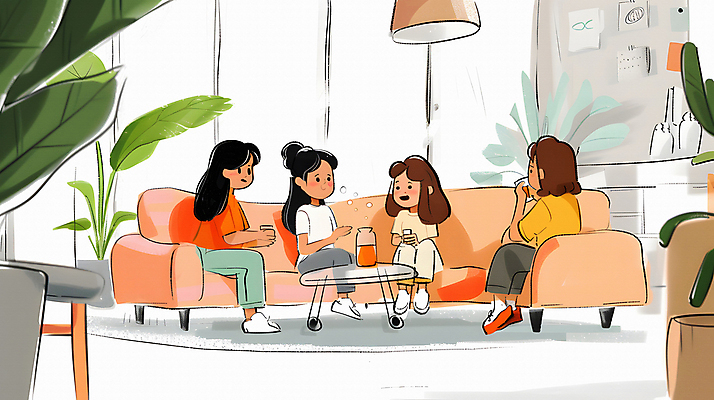 JPG 여자 일러스트 탁자 이야기 대화 웃음 들기 앉기 여러명 성인 컵 친구 소파 주스 풀잎 만화 카툰스타일 성인여자만 국내일러스트 AI일러스트 AI콘텐츠 식기 음료 가구 다수 잎 의자 관계 모션 표정 말하기 사람 풀_식물 여자만 성인만 파일형식