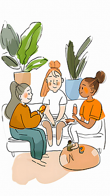 JPG 여자 쿠션 일러스트 이야기 대화 웃음 들기 앉기 성인 세명 친구 소파 풀잎 만화 카툰스타일 성인여자만 국내일러스트 AI일러스트 AI콘텐츠 잎 의자 관계 모션 표정 말하기 사람 풀_식물 여자만 성인만 파일형식