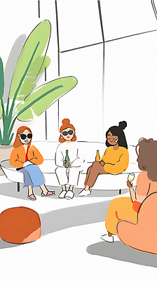 JPG 여자 와인잔 일러스트 이야기 대화 웃음 들기 앉기 여러명 성인 친구 소파 선글라스 풀잎 만화 와인병 카툰스타일 성인여자만 국내일러스트 AI일러스트 AI콘텐츠 안경 다수 잎 술잔 의자 관계 모션 병_용기 표정 말하기 사람 와인 풀_식물 여자만 성인만 파일형식