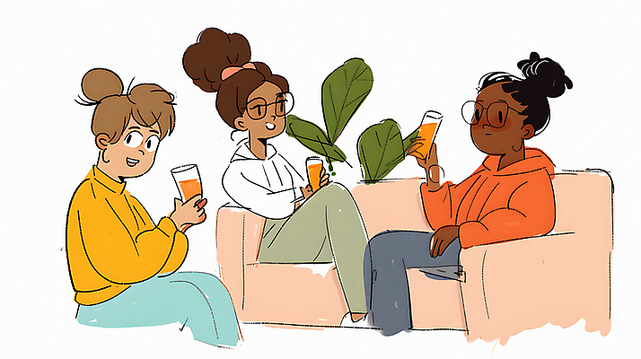 JPG 여자 일러스트 이야기 대화 웃음 들기 앉기 성인 컵 세명 친구 소파 주스 풀잎 만화 카툰스타일 성인여자만 국내일러스트 AI일러스트 AI콘텐츠 식기 음료 잎 의자 관계 모션 표정 말하기 사람 풀_식물 여자만 성인만 파일형식