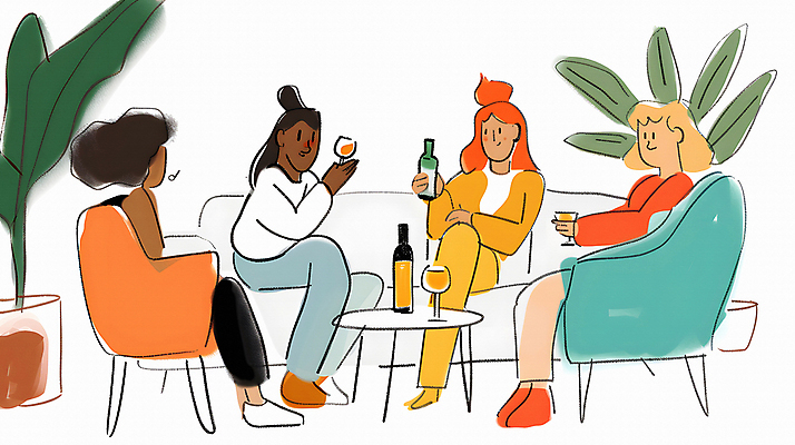 JPG 여자 와인잔 일러스트 탁자 이야기 대화 웃음 들기 앉기 성인 세명 친구 소파 풀잎 만화 와인병 카툰스타일 성인여자만 국내일러스트 AI일러스트 AI콘텐츠 가구 잎 술잔 의자 관계 모션 병_용기 표정 말하기 사람 와인 풀_식물 여자만 성인만 파일형식