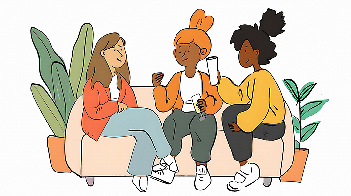 JPG 여자 일러스트 이야기 대화 웃음 들기 앉기 성인 세명 친구 소파 풀잎 만화 카툰스타일 성인여자만 국내일러스트 AI일러스트 AI콘텐츠 잎 의자 관계 모션 표정 말하기 사람 풀_식물 여자만 성인만 파일형식