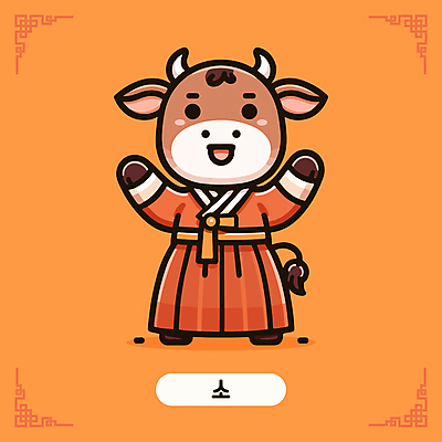 캐릭터 한국문화 전통문화 일러스트 미소 사람없음 귀여움 주황색 십이지신 소띠 한복 십이지신캐릭터 손인사 소캐릭터 일러캐릭터 AI파일 동양문화 한국전통 전통 문화 컬러 동물캐릭터 컨셉 한국 표정 인사 소 전통의상 파일형식 벡터