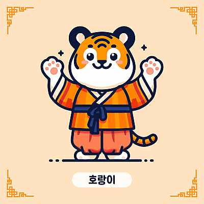캐릭터 한국문화 전통문화 일러스트 미소 사람없음 귀여움 주황색 십이지신 호랑이띠 한복 십이지신캐릭터 호랑이캐릭터 손인사 일러캐릭터 AI파일 동양문화 한국전통 전통 문화 컬러 동물캐릭터 컨셉 한국 표정 인사 호랑이 전통의상 파일형식 벡터