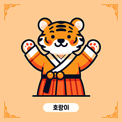 캐릭터 한국문화 전통문화 일러스트 미소 사람없음 귀여움 주황색 십이지신 호랑이띠 한복 십이지신캐릭터 호랑이캐릭터 손인사 일러캐릭터 AI파일 동양문화 한국전통 전통 문화 컬러 동물캐릭터 컨셉 한국 표정 인사 호랑이 전통의상 파일형식 벡터