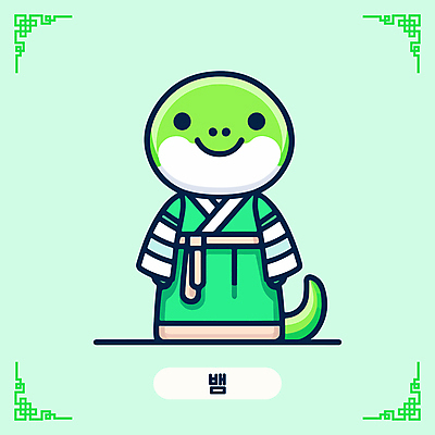 캐릭터 한국문화 전통문화 일러스트 미소 사람없음 초록색 귀여움 십이지신 뱀띠 한복 십이지신캐릭터 뱀캐릭터 일러캐릭터 AI파일 동양문화 한국전통 전통 문화 컬러 동물캐릭터 컨셉 한국 표정 뱀 전통의상 파일형식 벡터