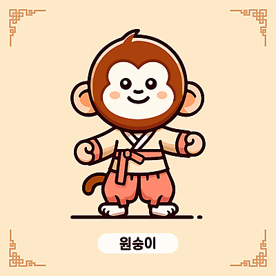캐릭터 한국문화 전통문화 일러스트 미소 사람없음 갈색 귀여움 십이지신 원숭이띠 한복 십이지신캐릭터 원숭이캐릭터 일러캐릭터 AI파일 동양문화 한국전통 전통 문화 컬러 동물캐릭터 컨셉 한국 표정 원숭이 전통의상 파일형식 벡터