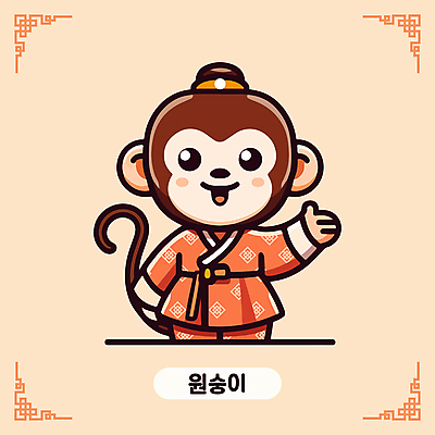 캐릭터 한국문화 전통문화 일러스트 미소 사람없음 갈색 귀여움 십이지신 원숭이띠 한복 십이지신캐릭터 원숭이캐릭터 일러캐릭터 AI파일 동양문화 한국전통 전통 문화 컬러 동물캐릭터 컨셉 한국 표정 원숭이 전통의상 파일형식 벡터