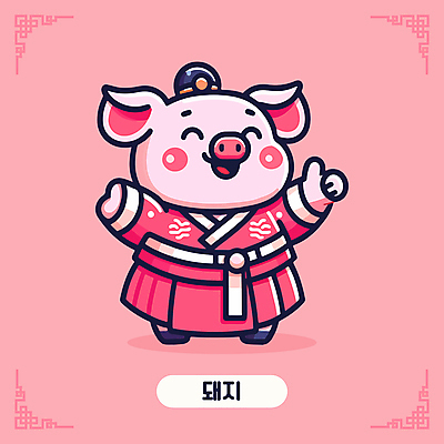 캐릭터 한국문화 전통문화 분홍색 일러스트 미소 사람없음 귀여움 십이지신 최고 돼지띠 한복 십이지신캐릭터 돼지캐릭터 일러캐릭터 AI파일 동양문화 한국전통 전통 문화 컬러 동물캐릭터 컨셉 한국 표정 돼지 전통의상 파일형식 벡터