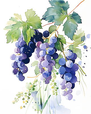 JPG 일러스트 포도 수채화 사람없음 보라색 번짐 포도나무 포도잎 국내일러스트 AI일러스트 AI콘텐츠 컬러 잎 과일 과일나무 파일형식 효과
