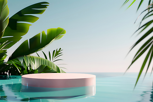 JPG 편집이미지 하늘 열대 수영장 사람없음 여름 맑음 야자수잎 단상 포디움 편집실사 AI포토 AI콘텐츠 계절 잎 날씨 무대 CG 파일형식