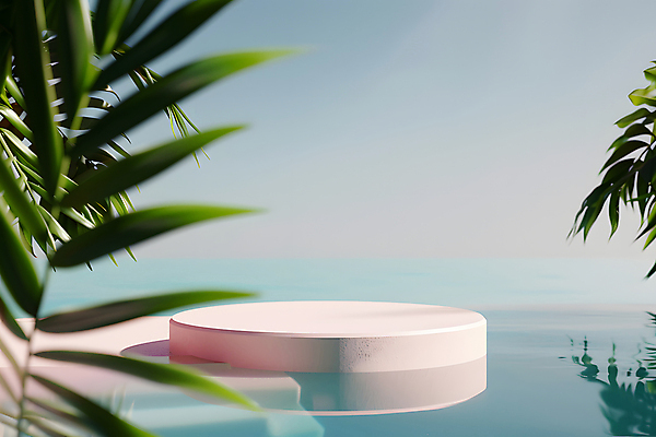 JPG 편집이미지 하늘 열대 수영장 사람없음 여름 맑음 야자수잎 단상 포디움 편집실사 AI포토 AI콘텐츠 계절 잎 날씨 무대 CG 파일형식