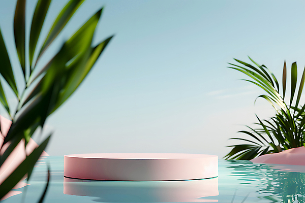 JPG 편집이미지 하늘 열대 수영장 사람없음 여름 맑음 야자수잎 단상 포디움 편집실사 AI포토 AI콘텐츠 계절 잎 날씨 무대 CG 파일형식