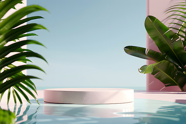 JPG 편집이미지 하늘 열대 수영장 사람없음 여름 맑음 야자수잎 단상 포디움 편집실사 AI포토 AI콘텐츠 계절 잎 날씨 무대 CG 파일형식