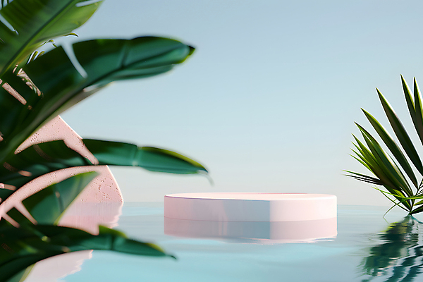 JPG 편집이미지 하늘 열대 수영장 사람없음 여름 맑음 야자수잎 단상 포디움 편집실사 AI포토 AI콘텐츠 계절 잎 날씨 무대 CG 파일형식