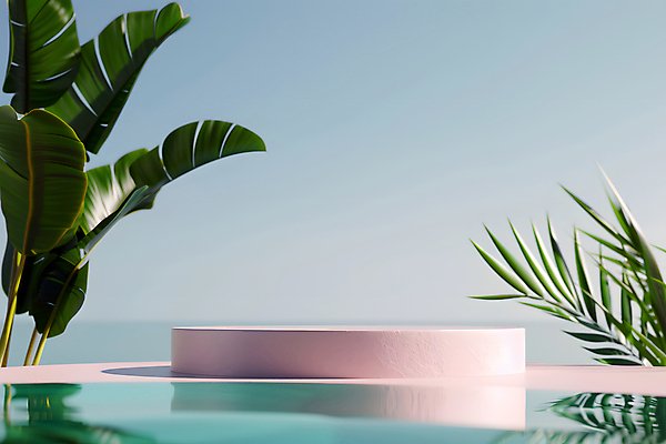 JPG 편집이미지 하늘 열대 수영장 사람없음 여름 맑음 야자수잎 단상 포디움 편집실사 AI포토 AI콘텐츠 계절 잎 날씨 무대 CG 파일형식