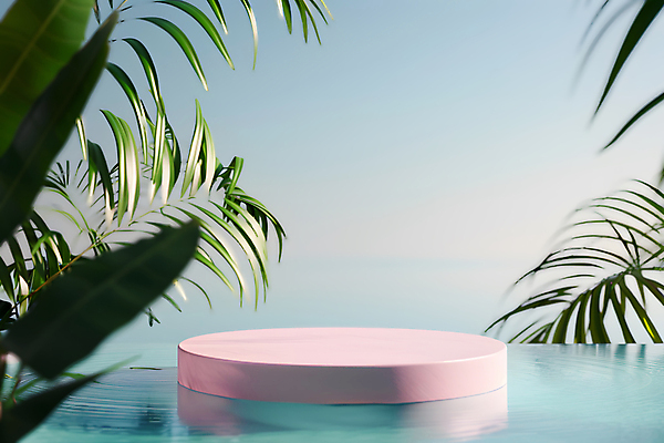 JPG 편집이미지 하늘 열대 수영장 사람없음 여름 맑음 야자수잎 단상 포디움 편집실사 AI포토 AI콘텐츠 계절 잎 날씨 무대 CG 파일형식