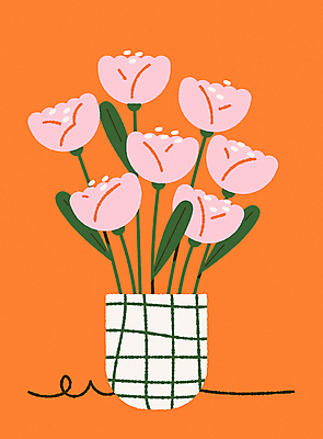 꽃 화분 분홍색 곡선 일러스트 사람없음 장식 인테리어 주황색 엽서 꾸미기 국내일러스트 AI파일 카드프레임 식물 디자인 선 컬러 프레임 편지 파일형식 벡터