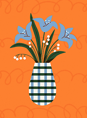 꽃 화분 곡선 일러스트 사람없음 장식 파란색 인테리어 주황색 체크무늬 엽서 꾸미기 국내일러스트 AI파일 카드프레임 식물 디자인 선 컬러 무늬 프레임 편지 파일형식 벡터