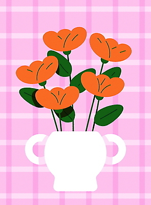 꽃 화분 분홍색 일러스트 사람없음 장식 인테리어 주황색 체크무늬 엽서 꾸미기 국내일러스트 AI파일 카드프레임 식물 디자인 컬러 무늬 프레임 편지 파일형식 벡터