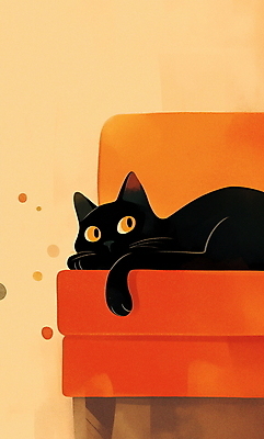 JPG 일러스트 휴식 실내 따뜻함 사람없음 소파 검은색 주황색 고양이 편안함 국내일러스트 AI일러스트 AI콘텐츠 컬러 컨셉 의자 포유류 내부 반려동물 감각 파일형식