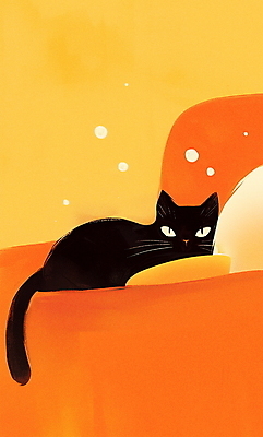 JPG 일러스트 휴식 실내 따뜻함 사람없음 소파 검은색 주황색 고양이 편안함 국내일러스트 AI일러스트 AI콘텐츠 컬러 컨셉 의자 포유류 내부 반려동물 감각 파일형식