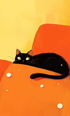 JPG 무료이미지 일러스트 휴식 실내 따뜻함 사람없음 소파 검은색 주황색 고양이 편안함 국내일러스트 AI일러스트 AI콘텐츠 컬러 컨셉 의자 포유류 내부 반려동물 감각 파일형식