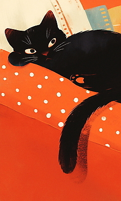 JPG 일러스트 휴식 실내 따뜻함 사람없음 검은색 주황색 고양이 침대 편안함 국내일러스트 AI일러스트 AI콘텐츠 컬러 가구 컨셉 포유류 내부 반려동물 감각 파일형식