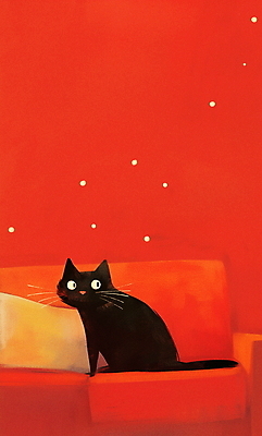 JPG 일러스트 휴식 실내 따뜻함 사람없음 빨간색 소파 검은색 고양이 편안함 국내일러스트 AI일러스트 AI콘텐츠 컬러 컨셉 의자 포유류 내부 반려동물 감각 파일형식