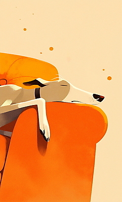 JPG 일러스트 휴식 실내 따뜻함 사람없음 소파 주황색 강아지 편안함 낮잠 국내일러스트 AI일러스트 AI콘텐츠 컬러 컨셉 의자 내부 반려동물 잠 감각 개 파일형식