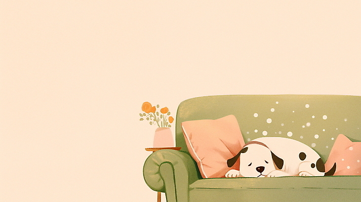 JPG 쿠션 일러스트 휴식 실내 따뜻함 사람없음 초록색 소파 꽃병 강아지 편안함 낮잠 국내일러스트 AI일러스트 AI콘텐츠 꽃 컬러 컨셉 의자 내부 반려동물 잠 감각 개 파일형식