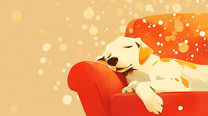 JPG 일러스트 휴식 실내 따뜻함 사람없음 소파 주황색 강아지 편안함 낮잠 국내일러스트 AI일러스트 AI콘텐츠 컬러 컨셉 의자 내부 반려동물 잠 감각 개 파일형식